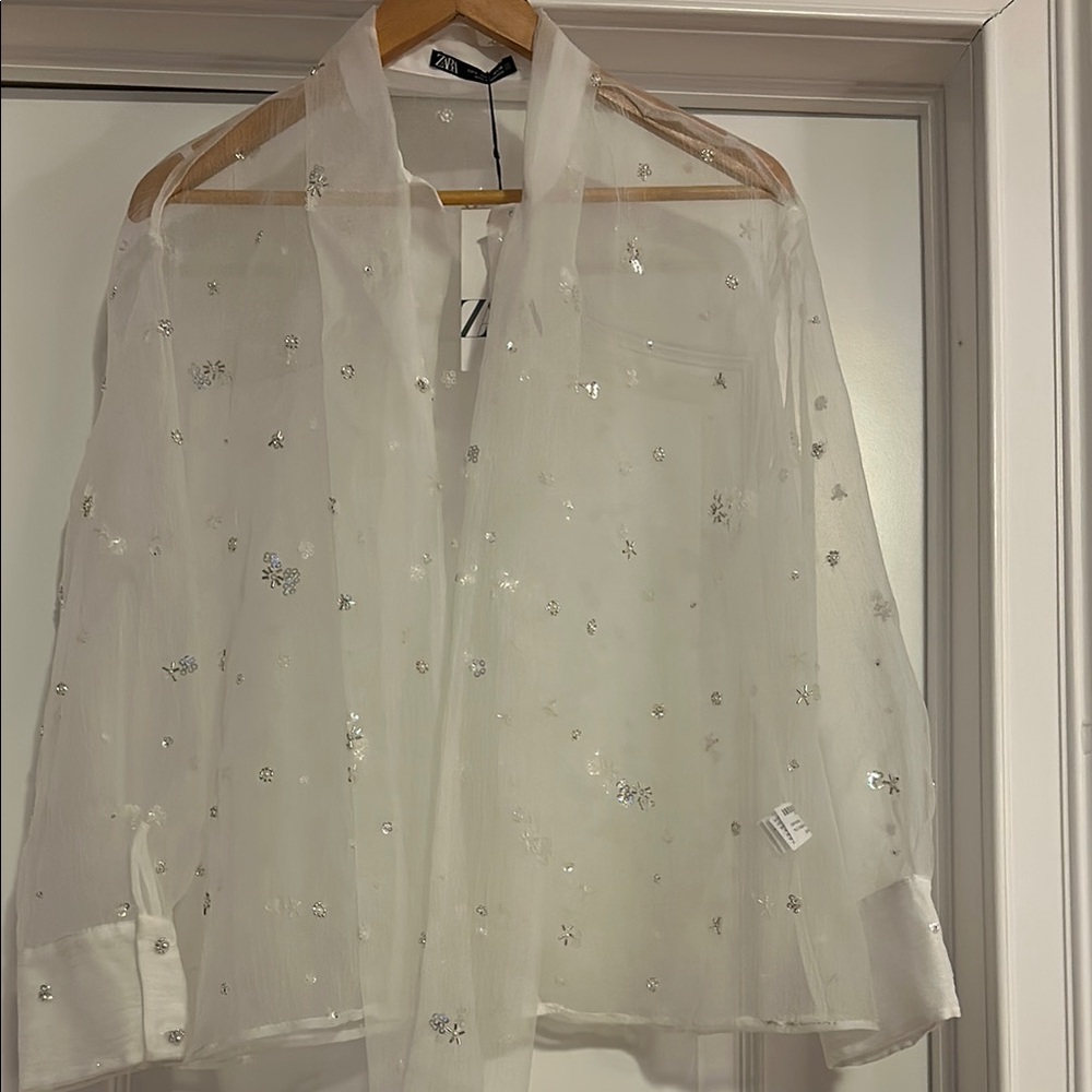 Sheer White Blouse with Silver Accents